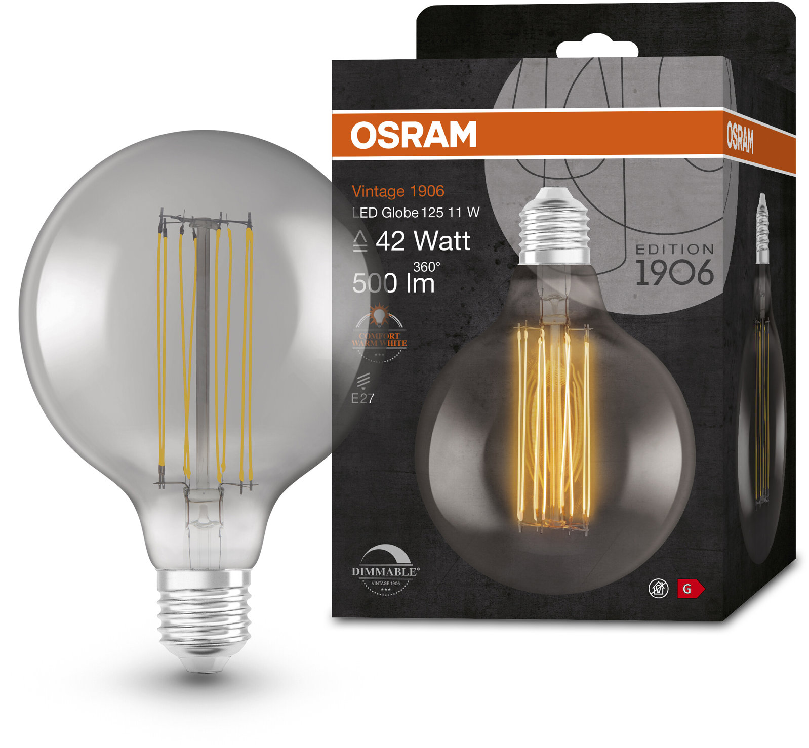 OSRAM stmievateľná dymová LED žiarovka E27 11 W VINTAGE, teplá biela