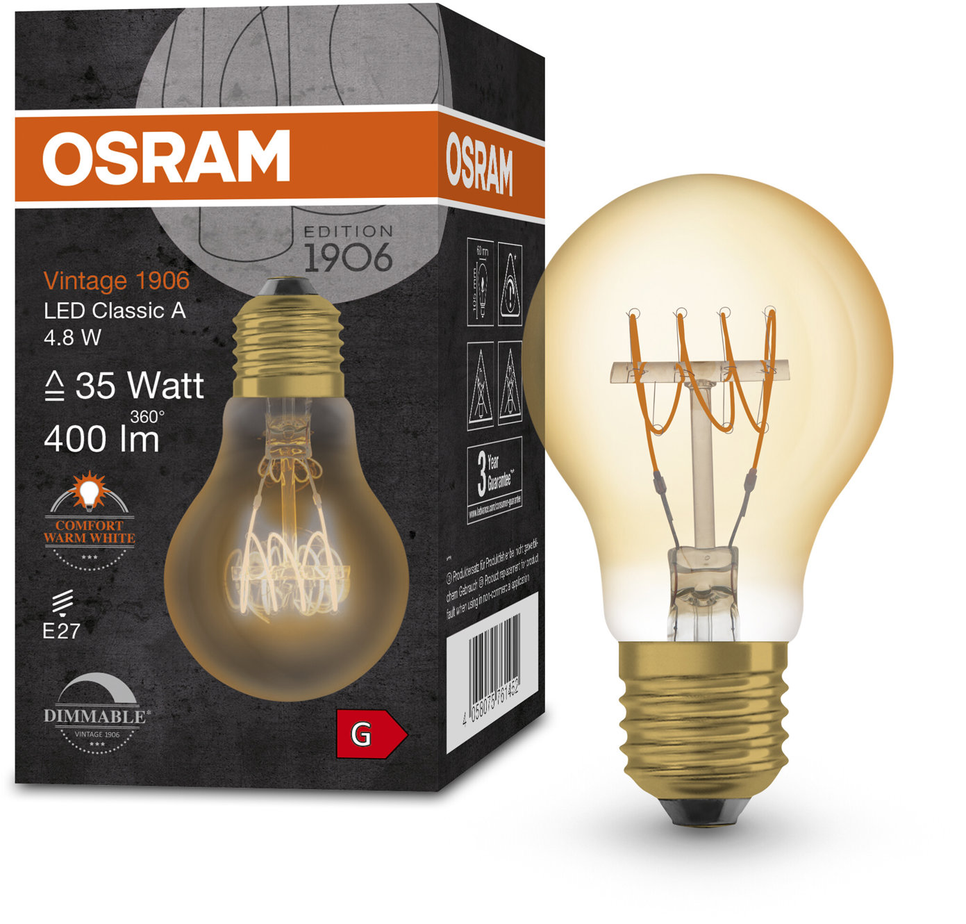 OSRAM zlatá stmievateľná LED žiarovka E27 4,8 W VINTAGE, teplá biela