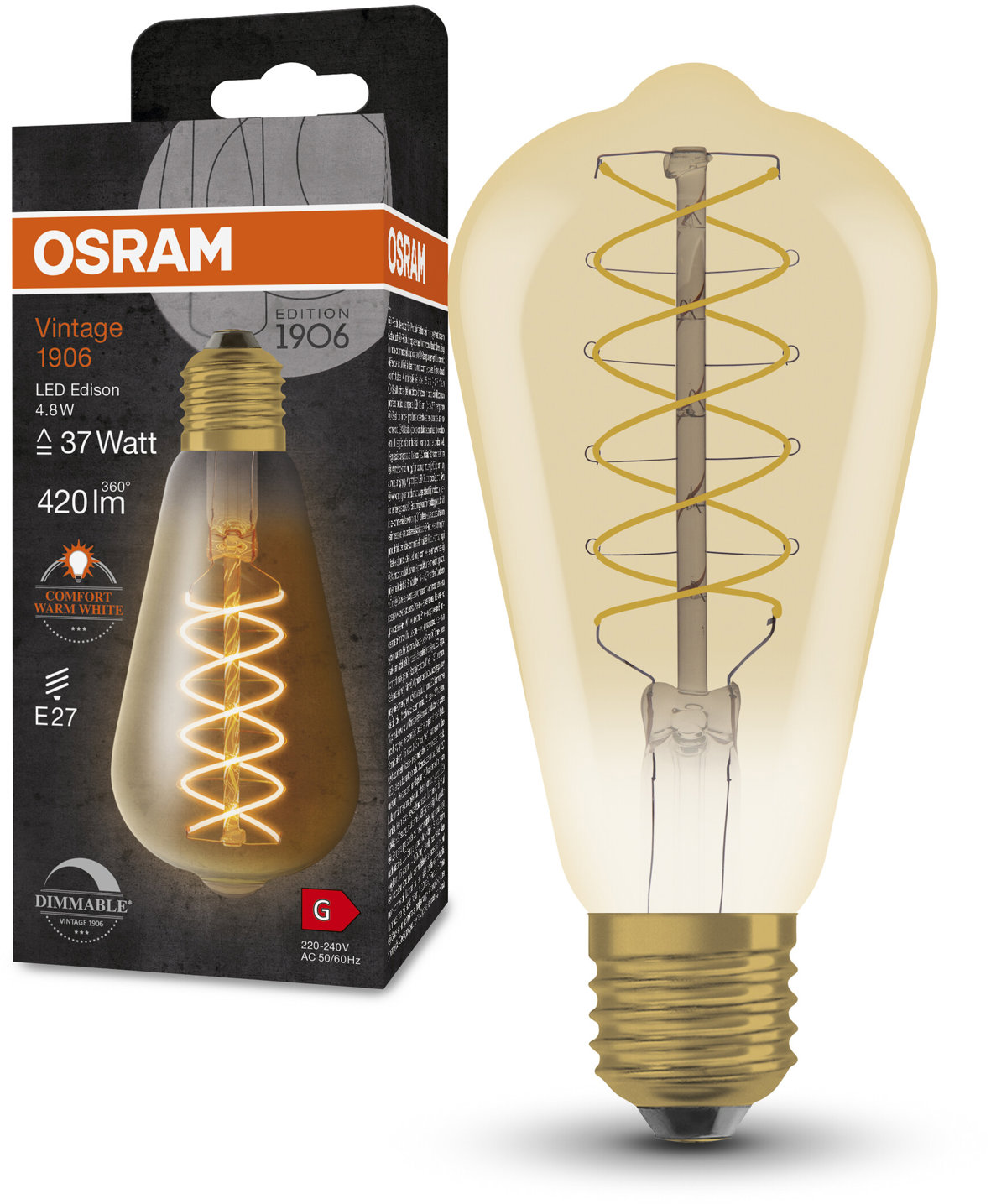 OSRAM stmievateľná vintage LED žiarovka E27 4,8 W EDISON, teplá biela