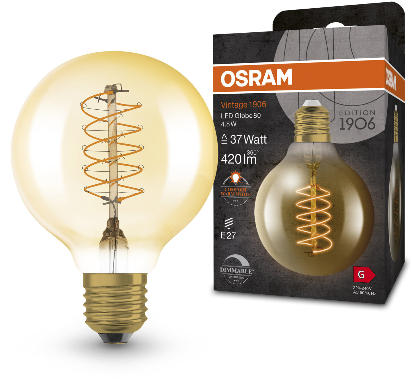 OSRAM Vintage stmievateľná LED žiarovka E27 4,8 W GLOBE, teplá biela