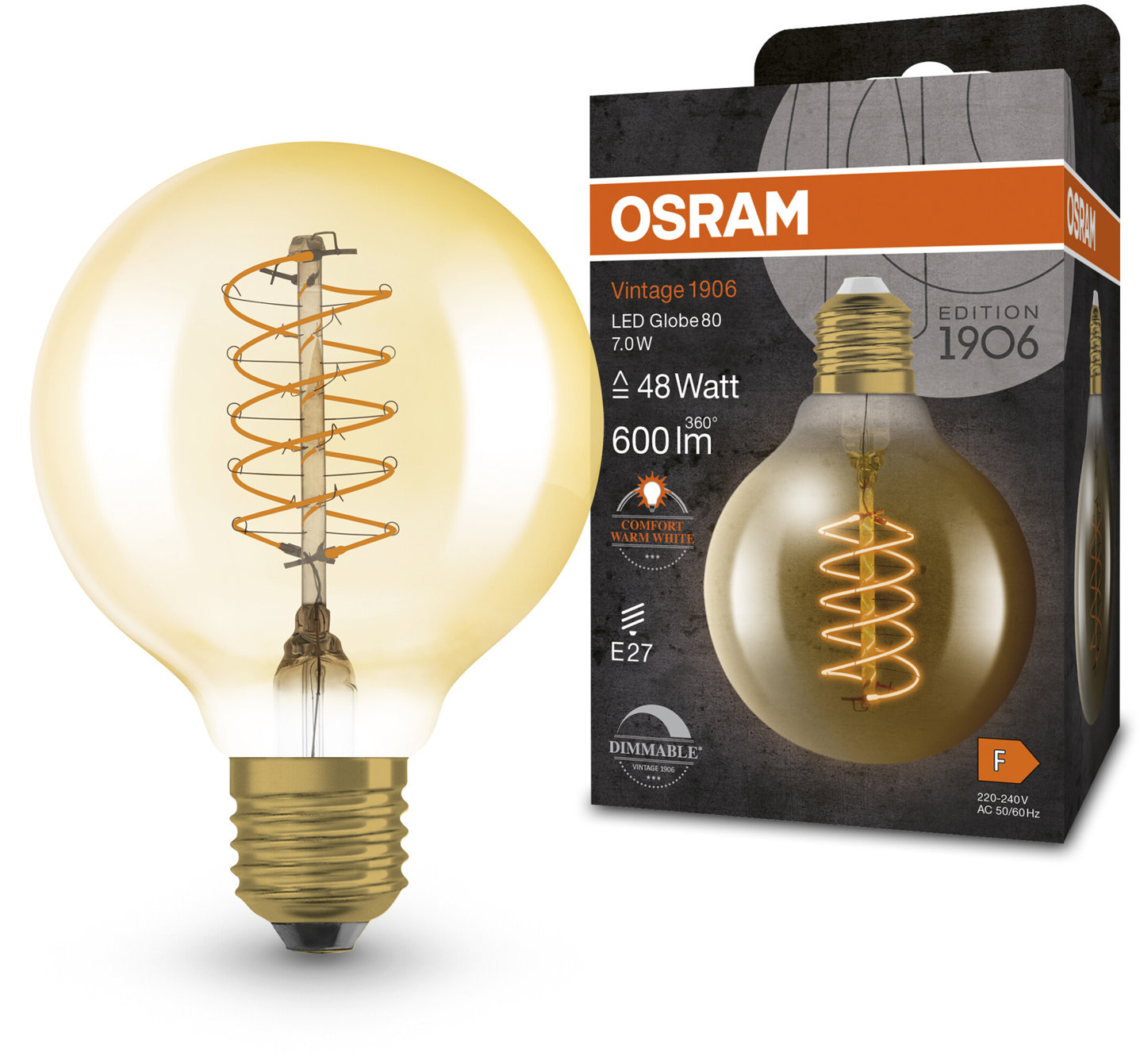OSRAM stmievateľná LED žiarovka E27 7 W VINTAGE GLOBE, teplá biela
