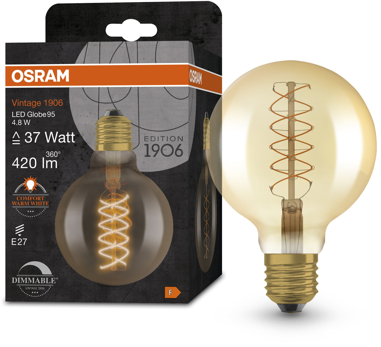 OSRAM stmievateľná LED žiarovka E27 4,8 W VINTAGE GLOBE, teplá biela