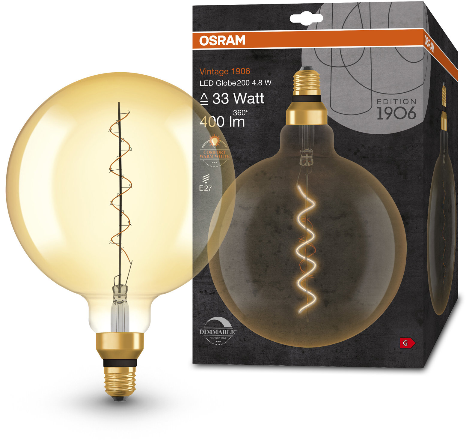 OSRAM zlatá vintage stmievateľná LED žiarovka E27 4,8 W GLOBE, teplá biela