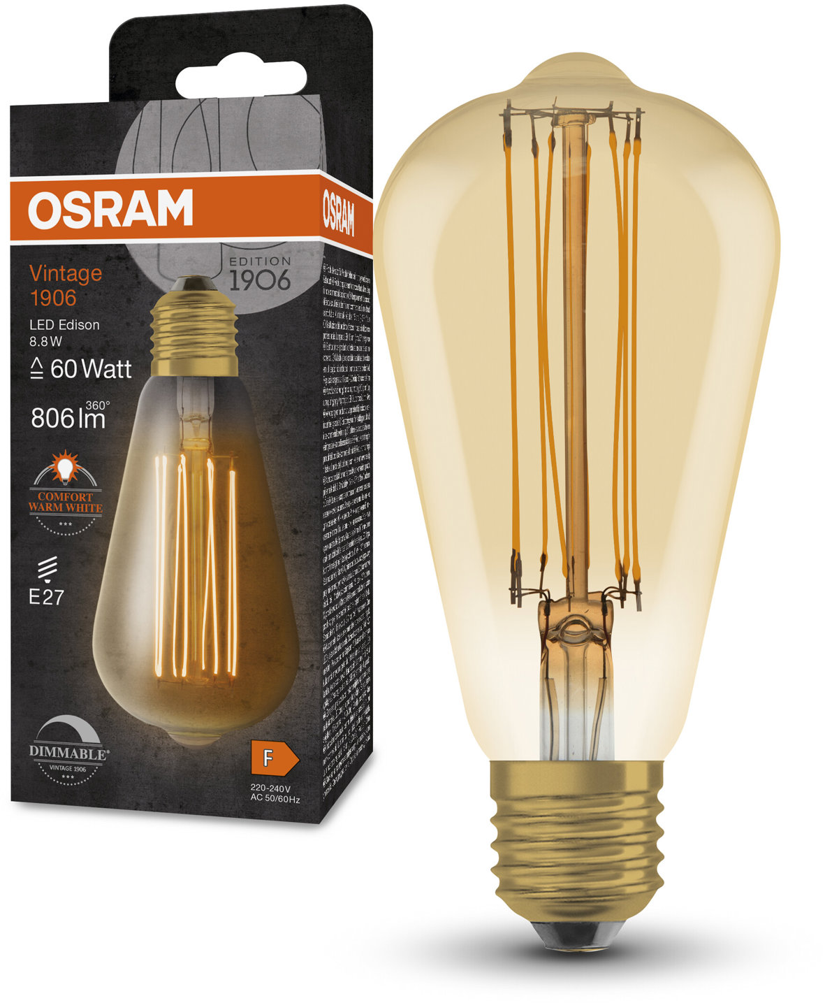 OSRAM stmievateľná vintage LED žiarovka E27 8,8 W EDISON, teplá biela
