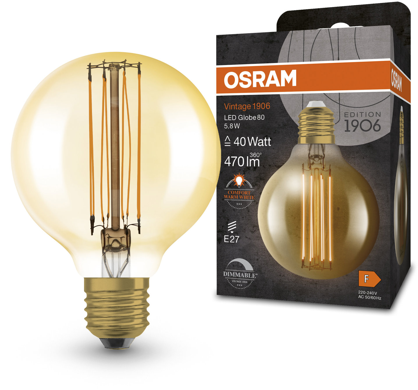 OSRAM zlatá stmievateľná LED žiarovka E27 5,8 W VINTAGE GLOBE, teplá biela