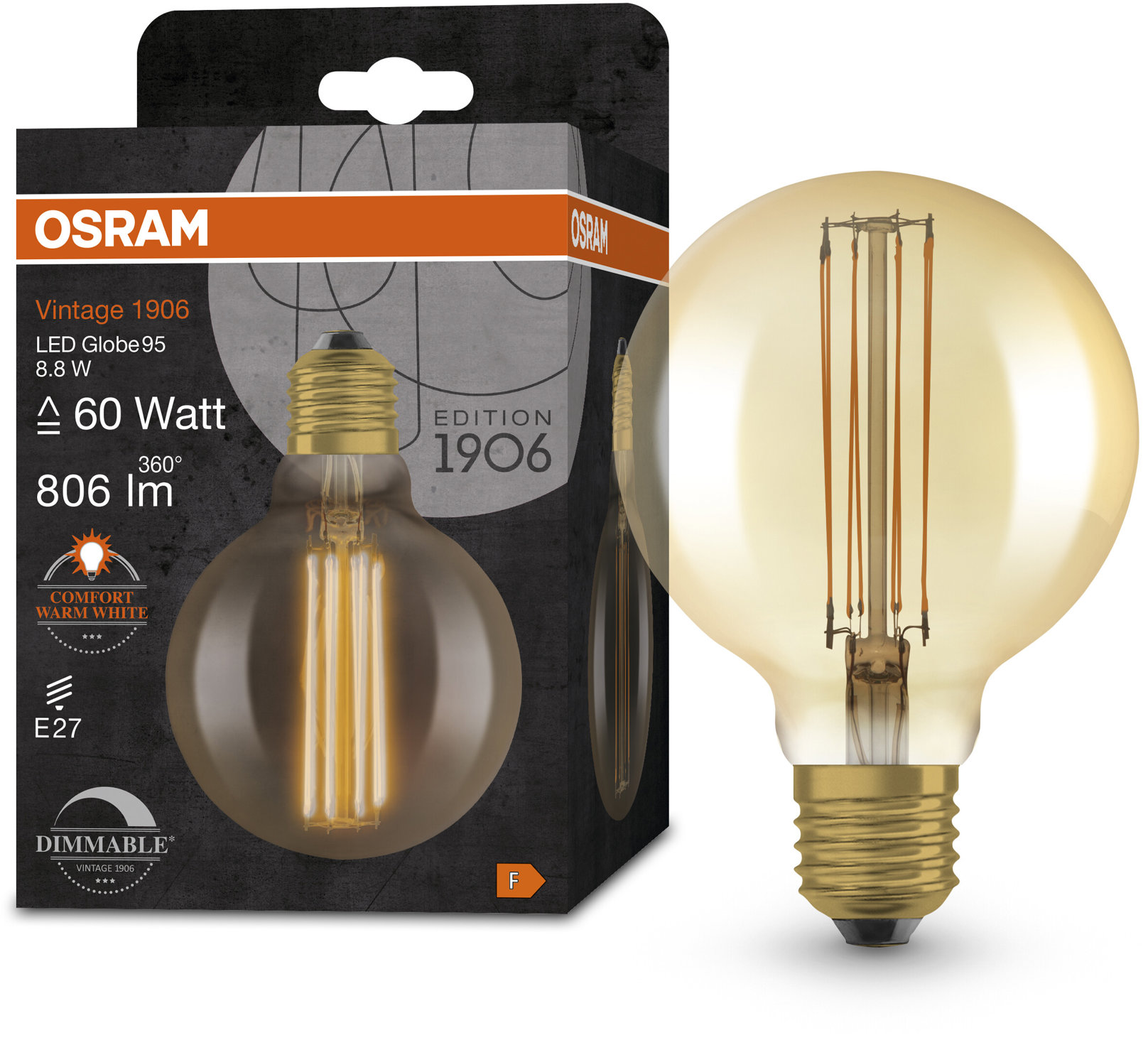 OSRAM zlatá vintage LED žiarovka E27 8,8 W GLOBE, teplá biela
