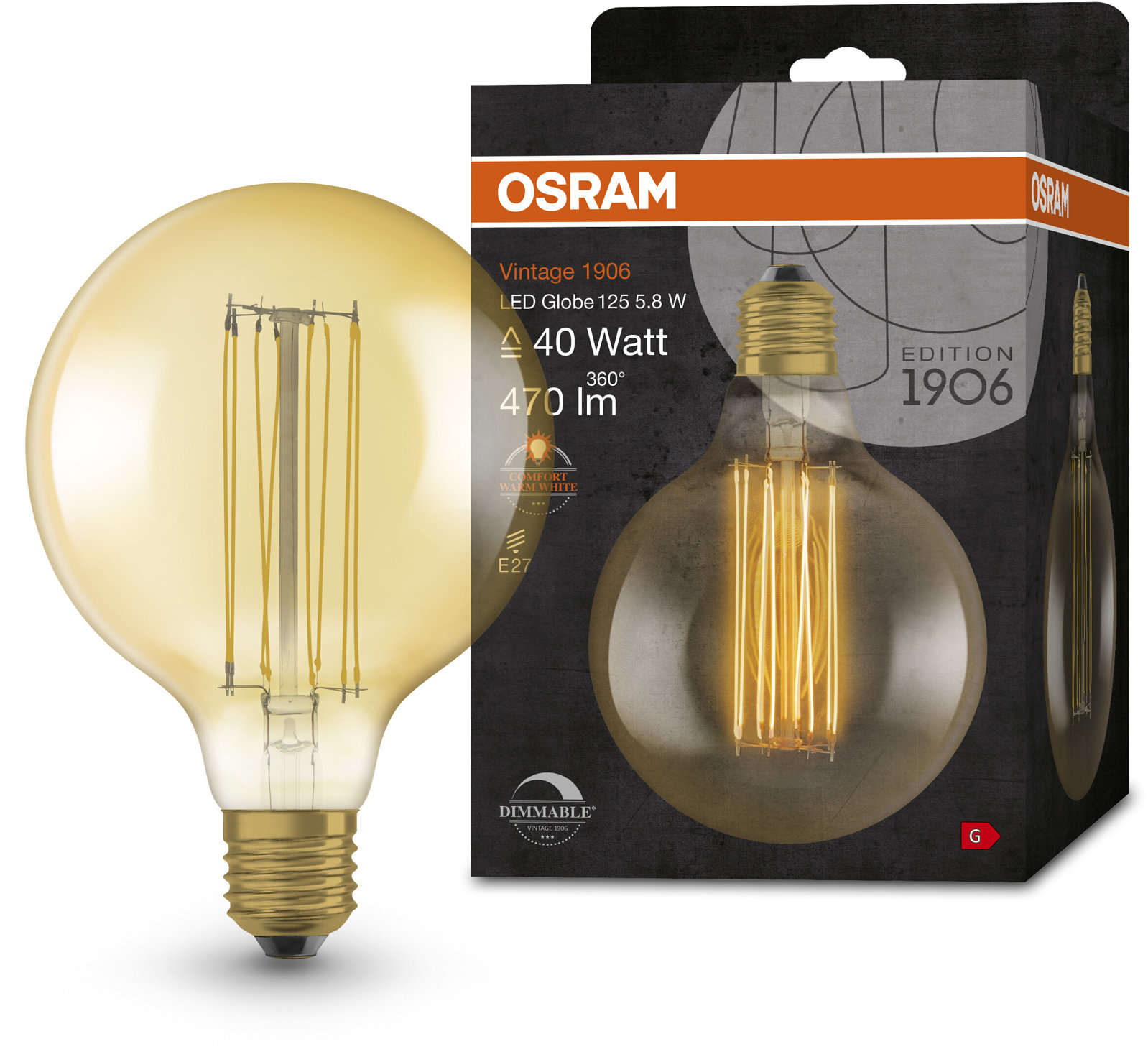 OSRAM zlatá stmievateľná vintage LED žiarovka E27 5,8 W GLOBE, teplá biela