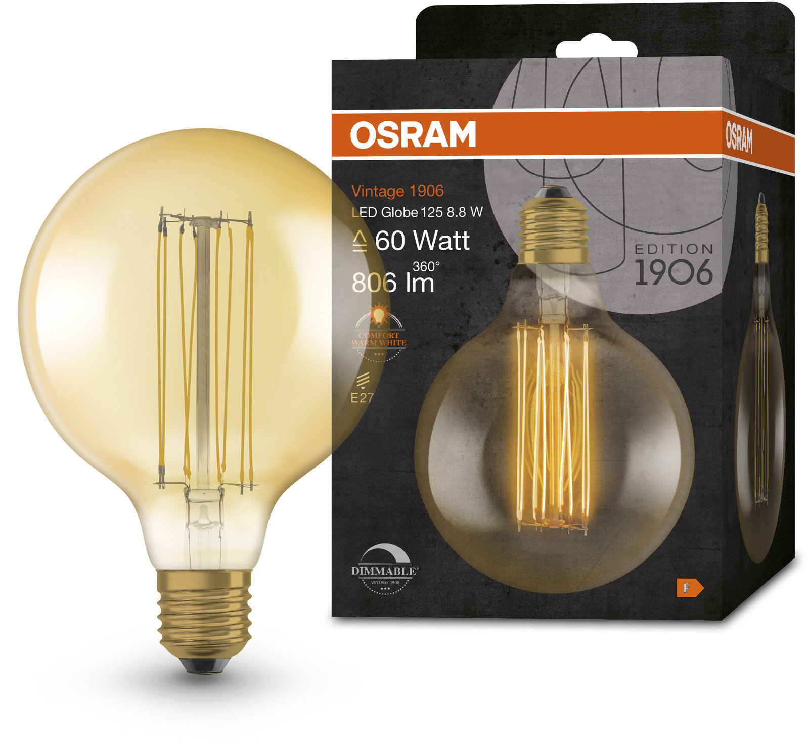 OSRAM zlatá stmievateľná vintage LED žiarovka E27 8,8 W GLOBE, teplá biela