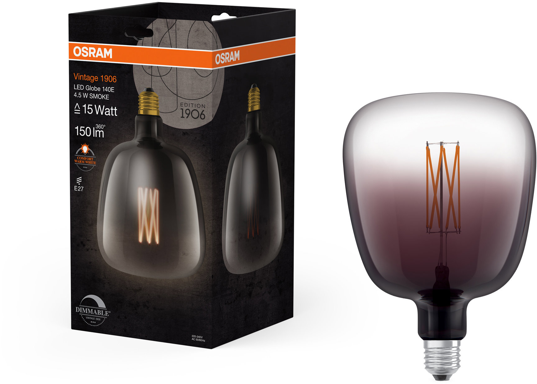 OSRAM stmievateľná LED vintage žiarovka E27 4,5 W GLOBE, teplá biela