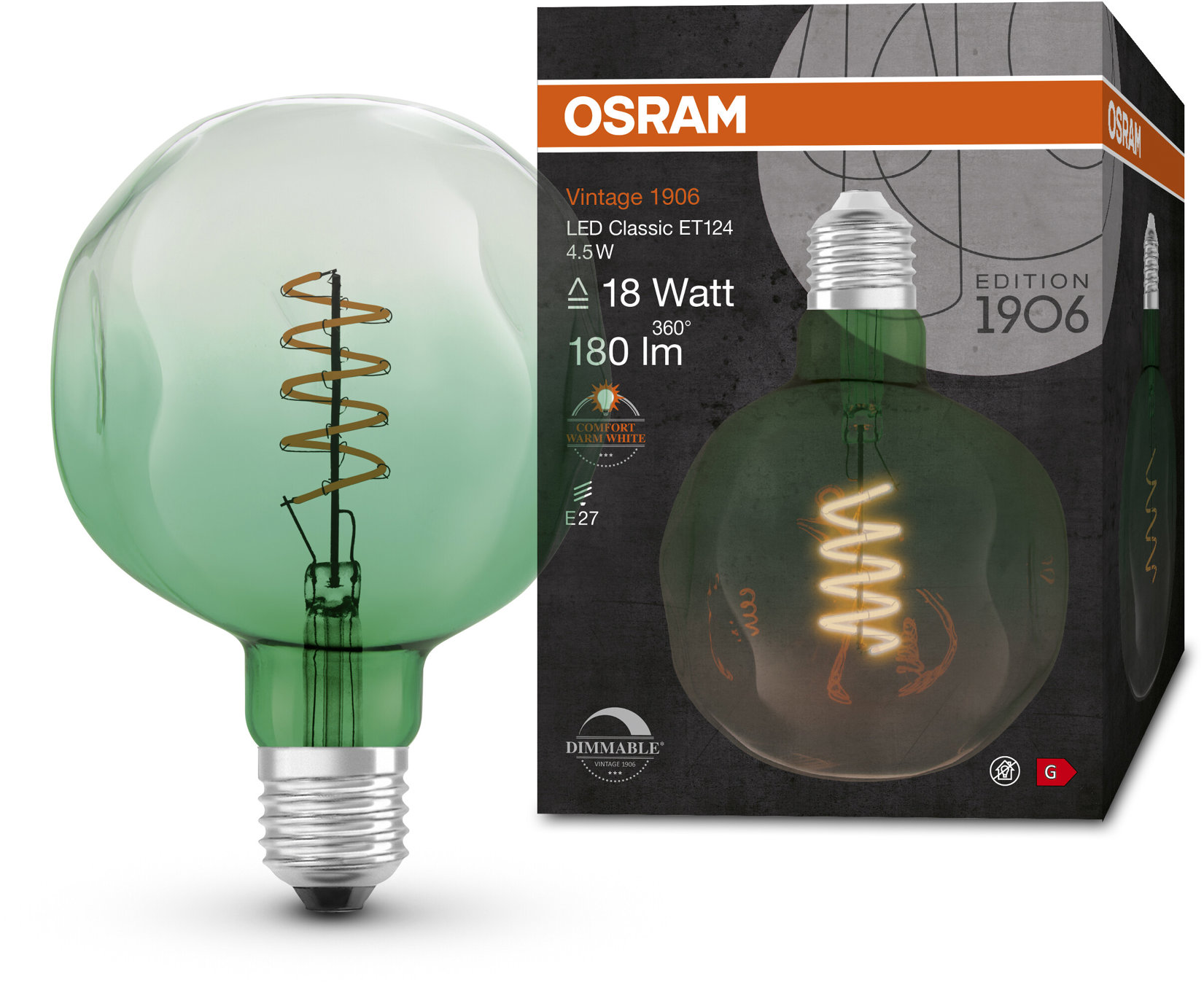 OSRAM zelená vintage LED žiarovka E27 4,5 W GLOBE, teplá biela