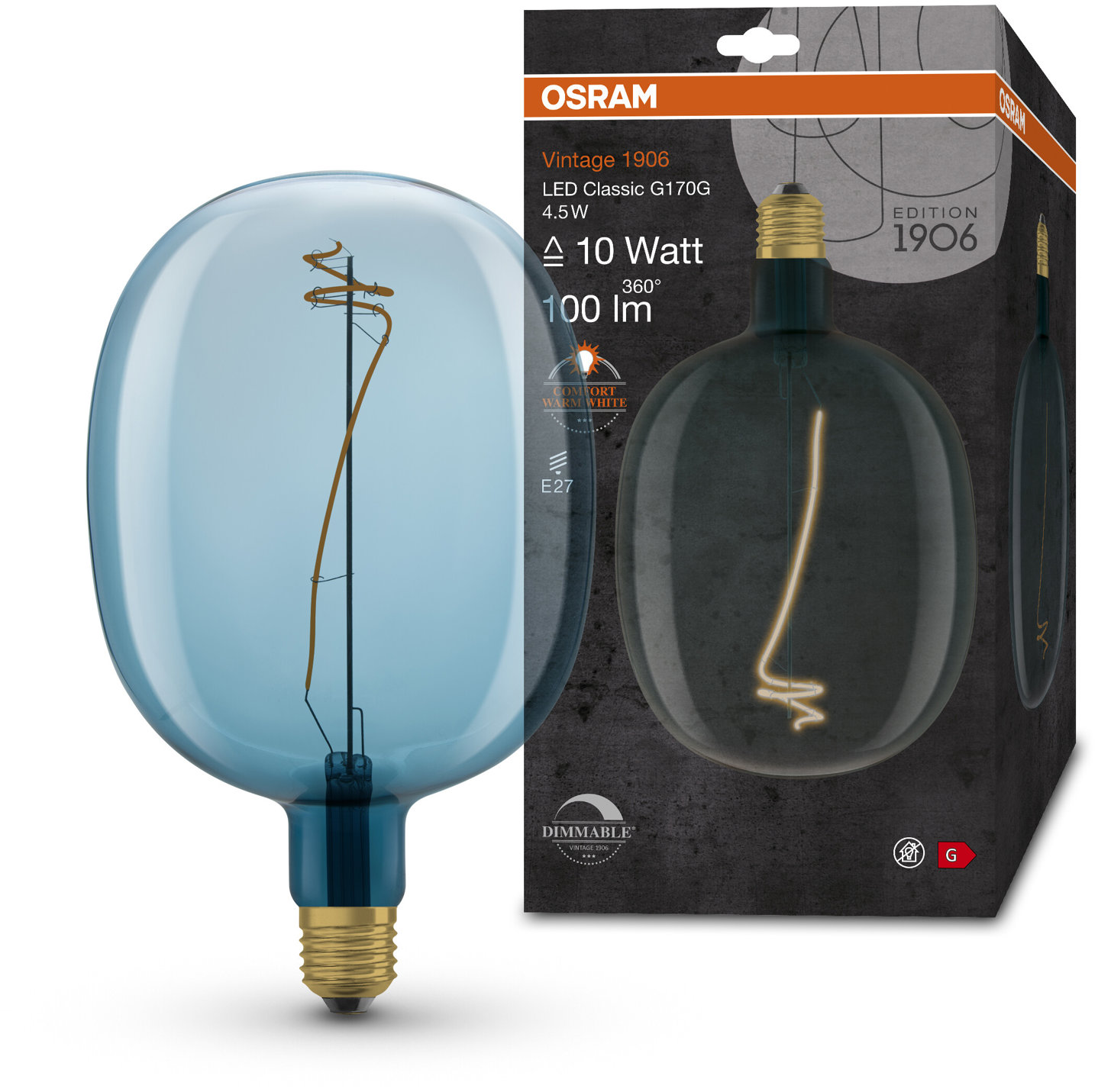 OSRAM modrá balónová LED stmievateľná žiarovka E27 4,5 W VINTAGE, teplá biela