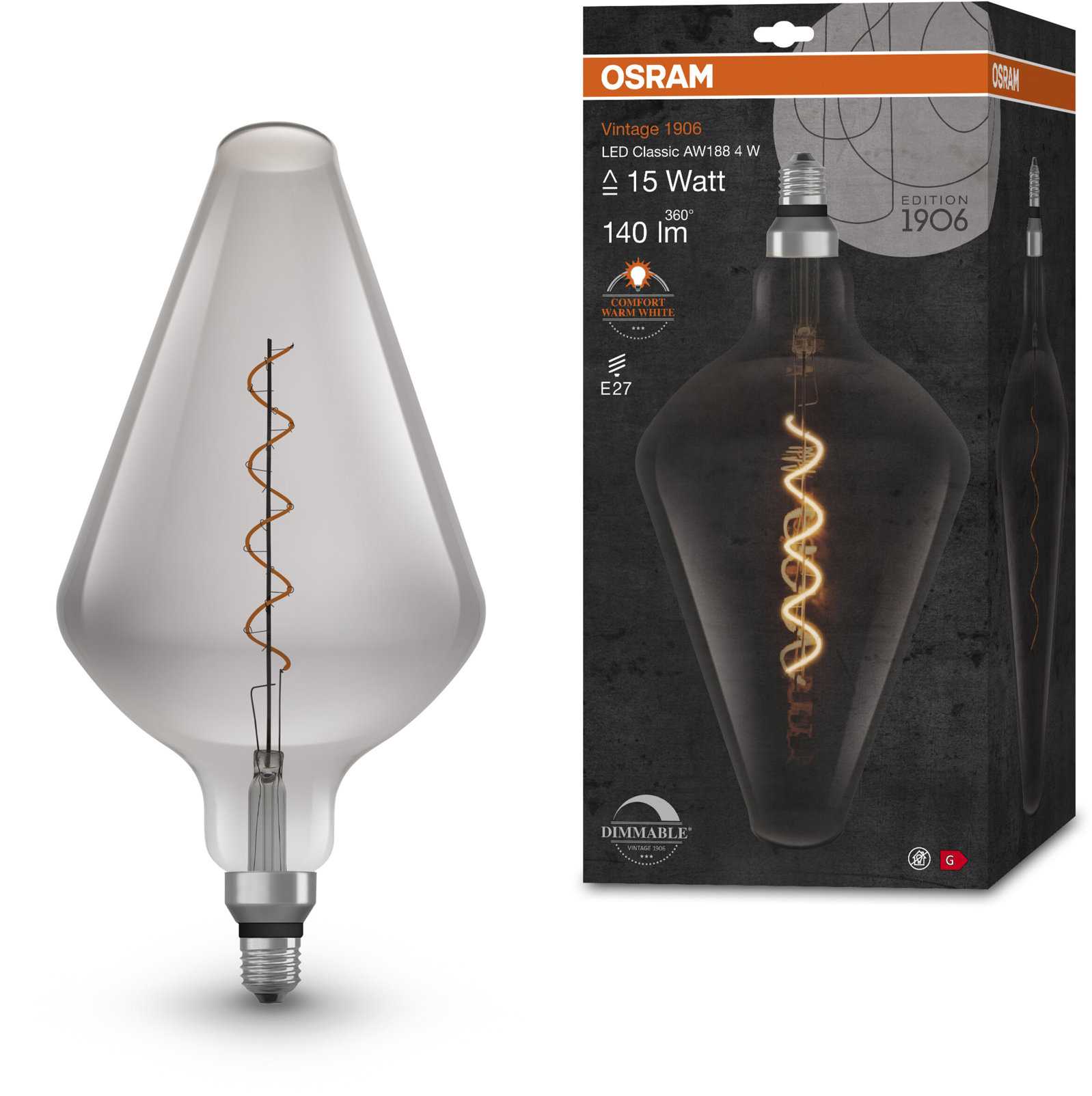 OSRAM dymová stmievateľná LED žiarovka E27 4 W VINTAGE CONE, teplá biela