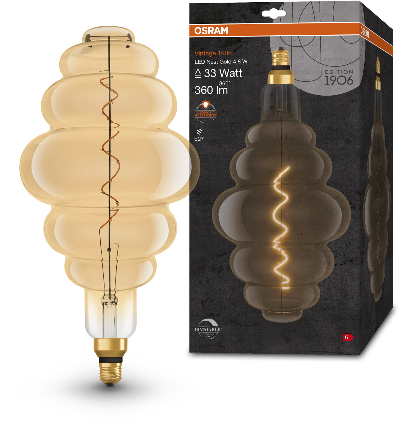 OSRAM Vintage LED žiarovka v tvare hniezda E27 4,8 W GOLD VINTAGE, teplá biela