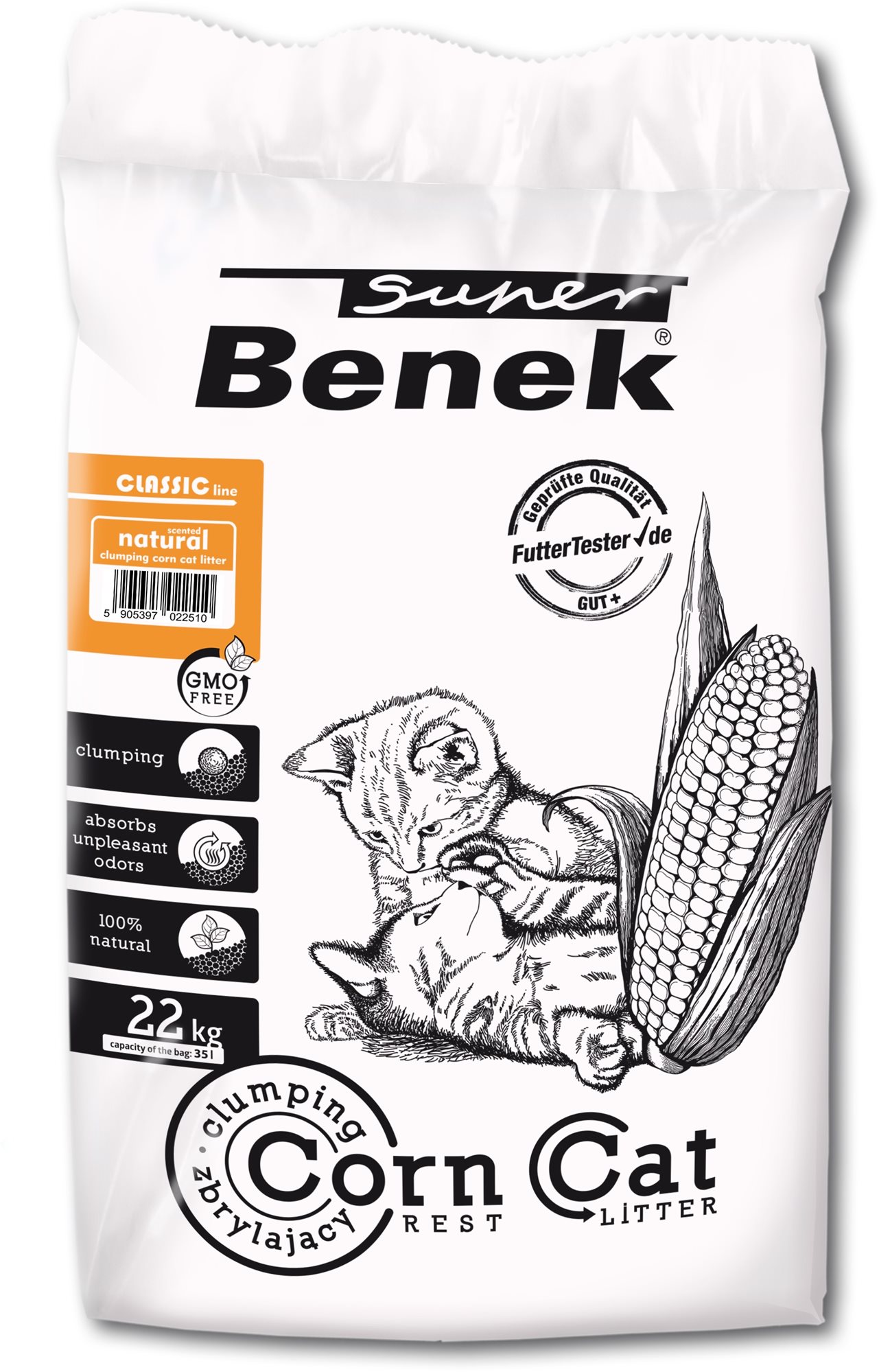 Roztrhnutý obal – Stelivo pre mačky Super Benek Corn Natural (viac ako 50 % bezchybného obsahu)