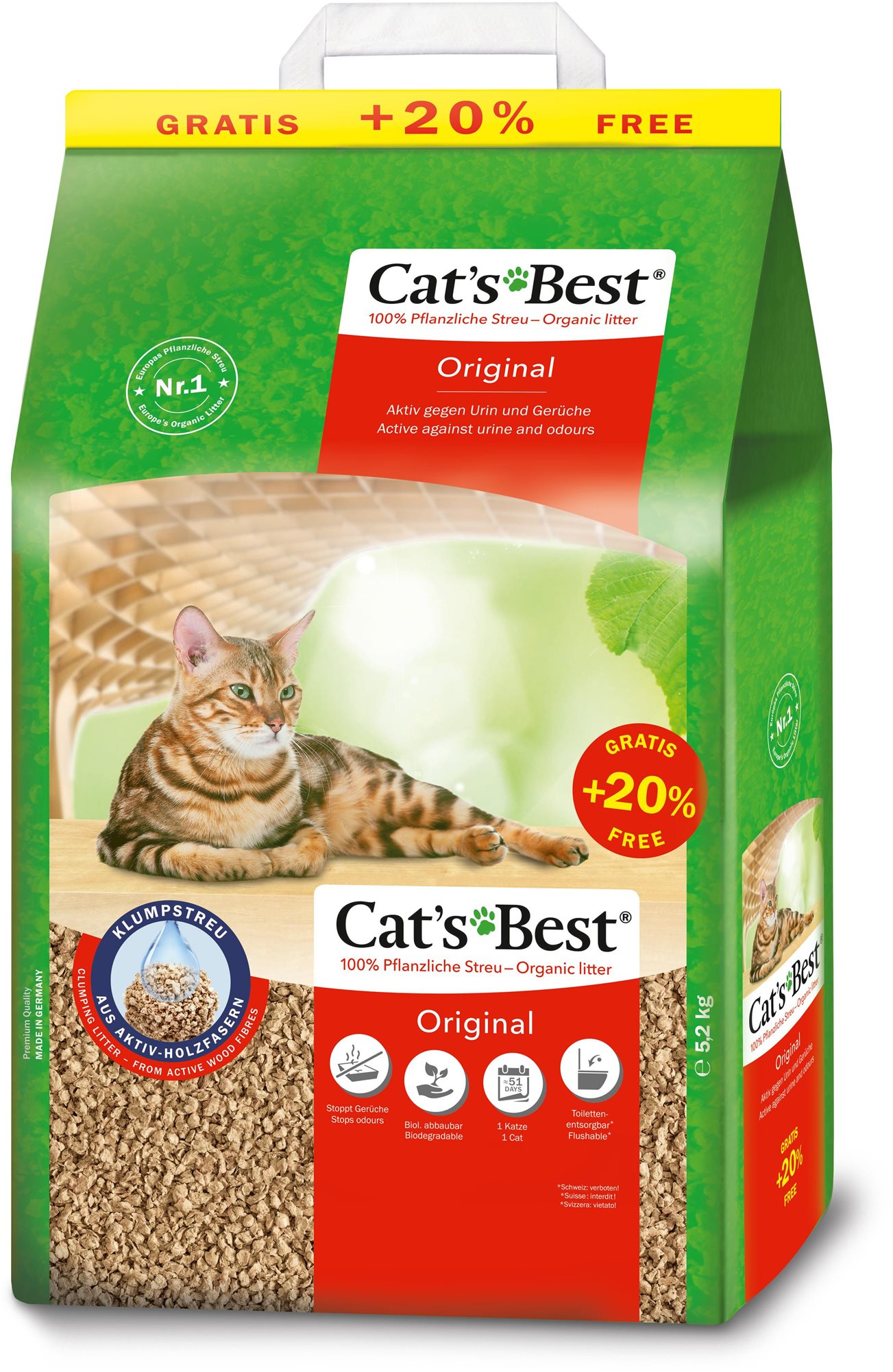 Roztrhnutý obal – Stelivo pre mačky Cat's Best Original podstielka (viac ako 50 % bezchybného obsahu