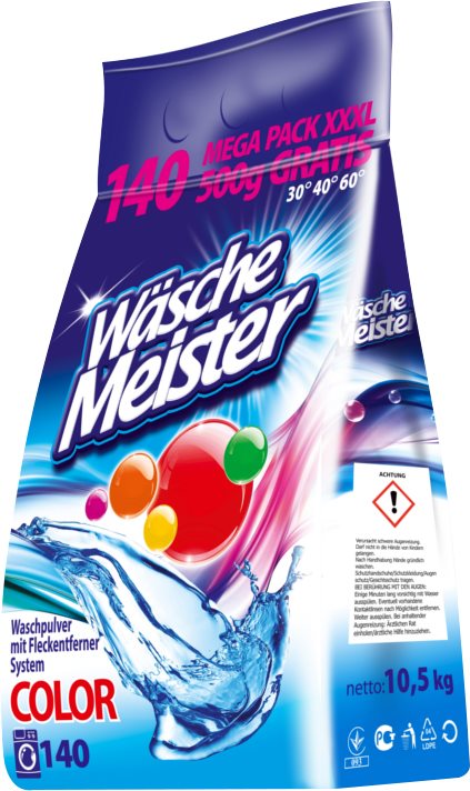 Roztrhnutý obal – Prací prášok WASCHE MEISTER Color (viac ako 50 % bezchybného obsahu)
