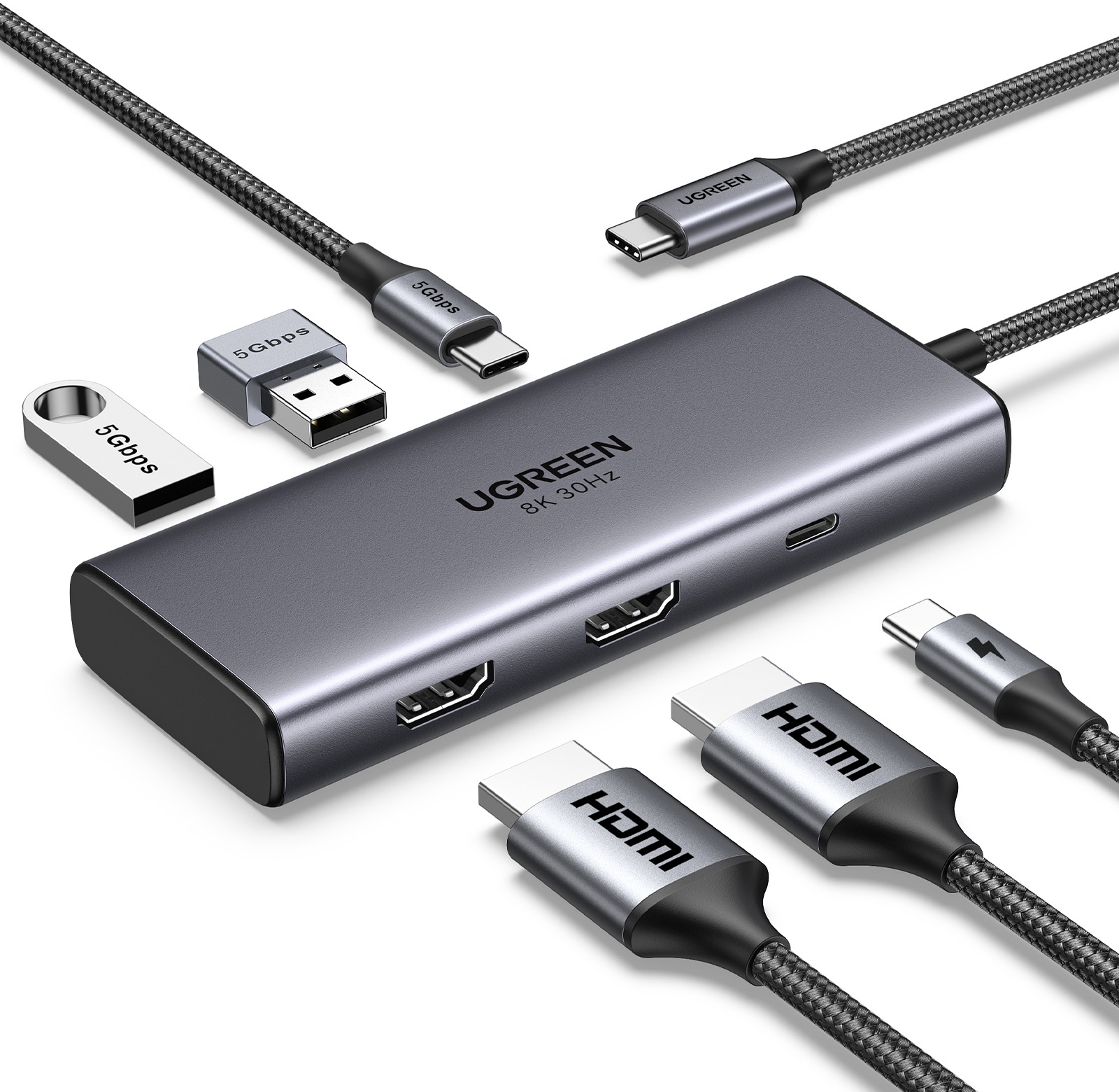 UGREEN 6-in-1 USB-C to 2× HDMI/2× USB 3.0/PD100 W